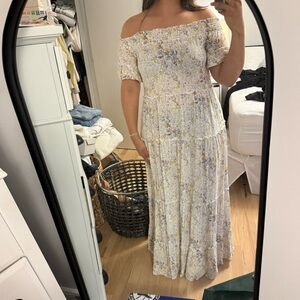 SOLD medium Maxi Dress Off Shoulder Floral Tiered White Yellow Purple Boho